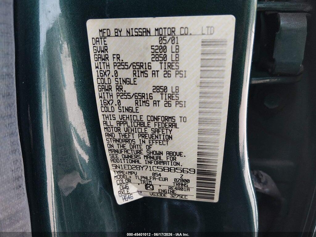 5N1ED28Y71C588569 2001 NISSAN XTERRA photo no. 9