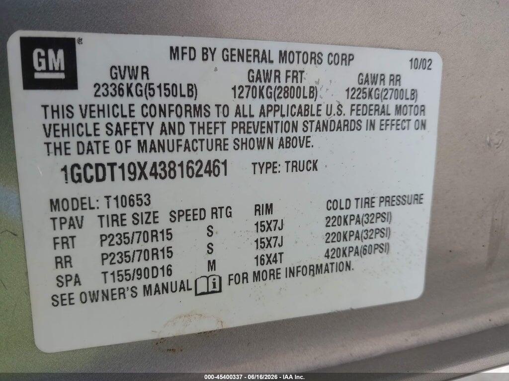 1GCDT19X438162461 2003 CHEVROLET S-10 photo no. 9