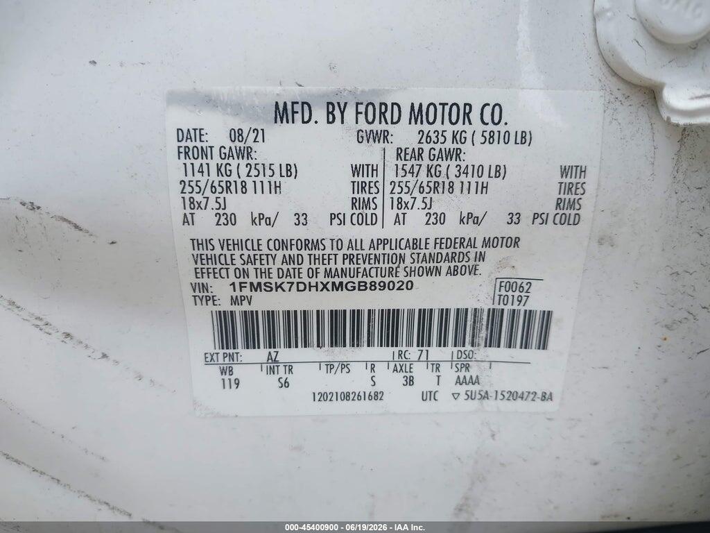 1FMSK7DHXMGB89020 2021 FORD EXPLORER photo no. 9