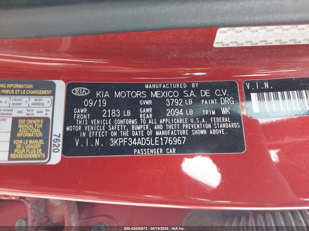 3KPF34AD5LE176967 2020 KIA FORTE photo no. 9
