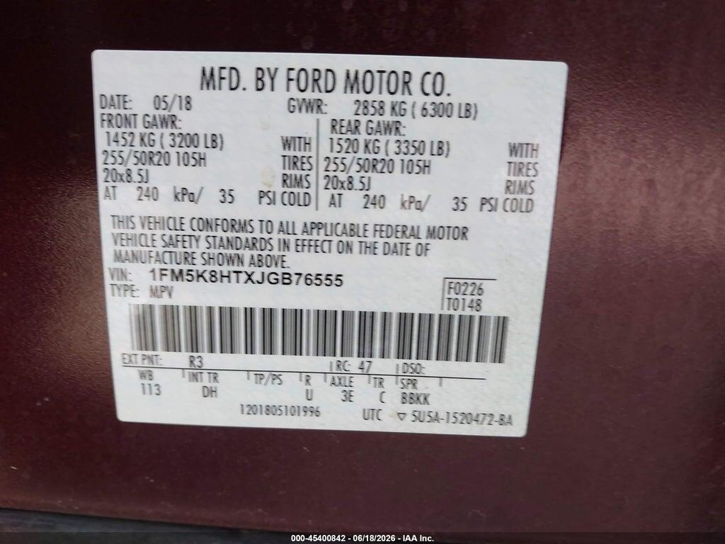 1FM5K8HTXJGB76555 2018 FORD EXPLORER photo no. 9