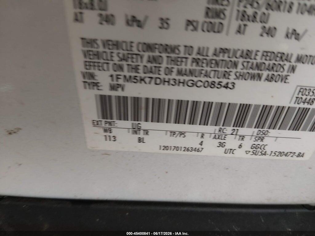 1FM5K7DH3HGC08543 2017 FORD EXPLORER photo no. 9