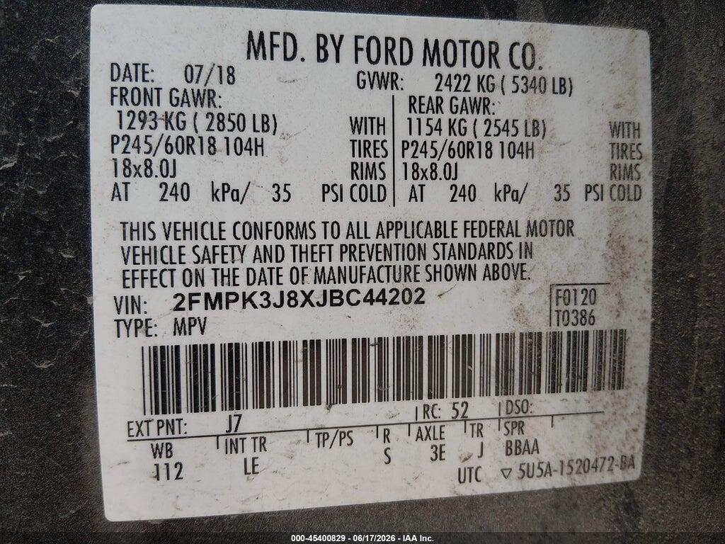 2FMPK3J8XJBC44202 2018 FORD EDGE photo no. 9