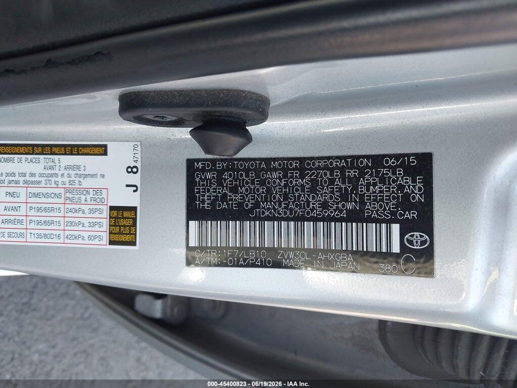 JTDKN3DU7F0459964 2015 TOYOTA PRIUS photo no. 9