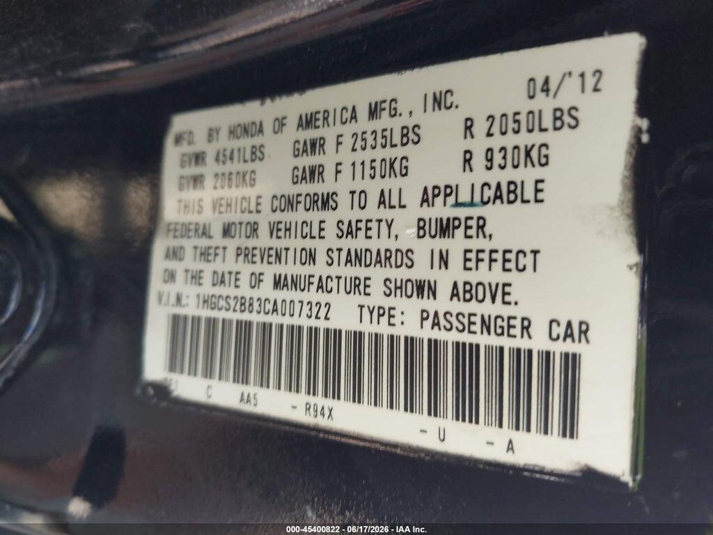 1HGCS2B83CA007322 2012 HONDA ACCORD photo no. 9