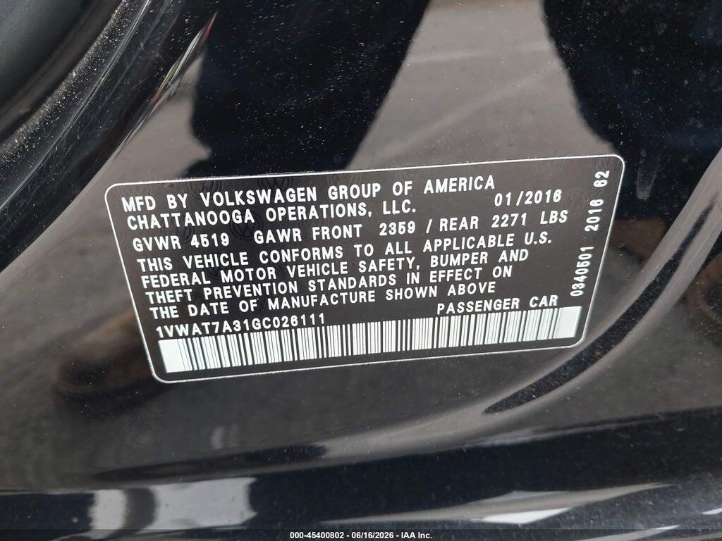 1VWAT7A31GC026111 2016 VOLKSWAGEN PASSAT photo no. 9