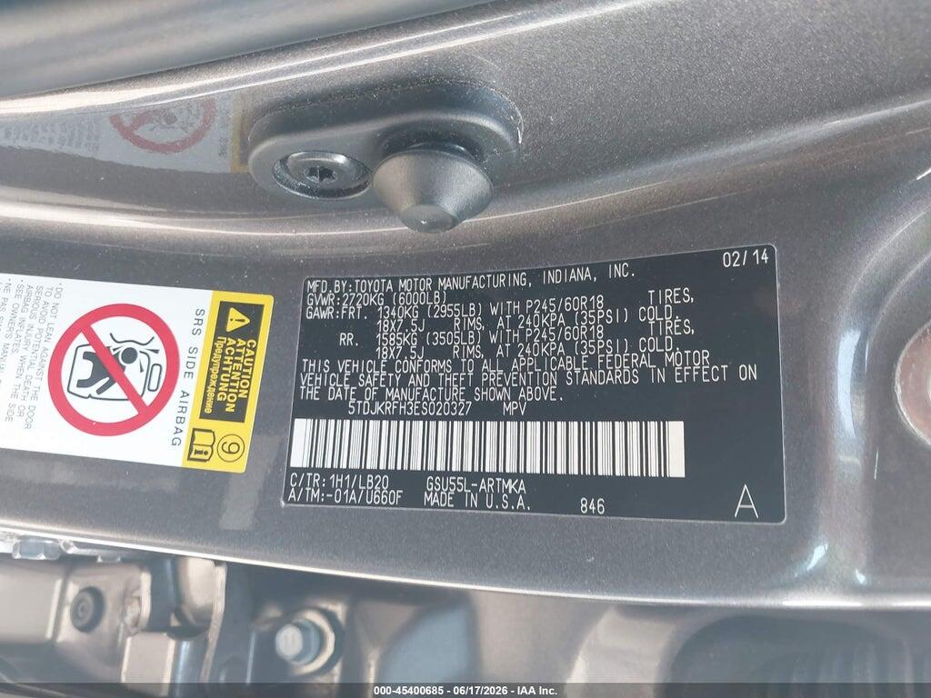 5TDJKRFH3ES020327 2014 TOYOTA HIGHLANDER photo no. 9