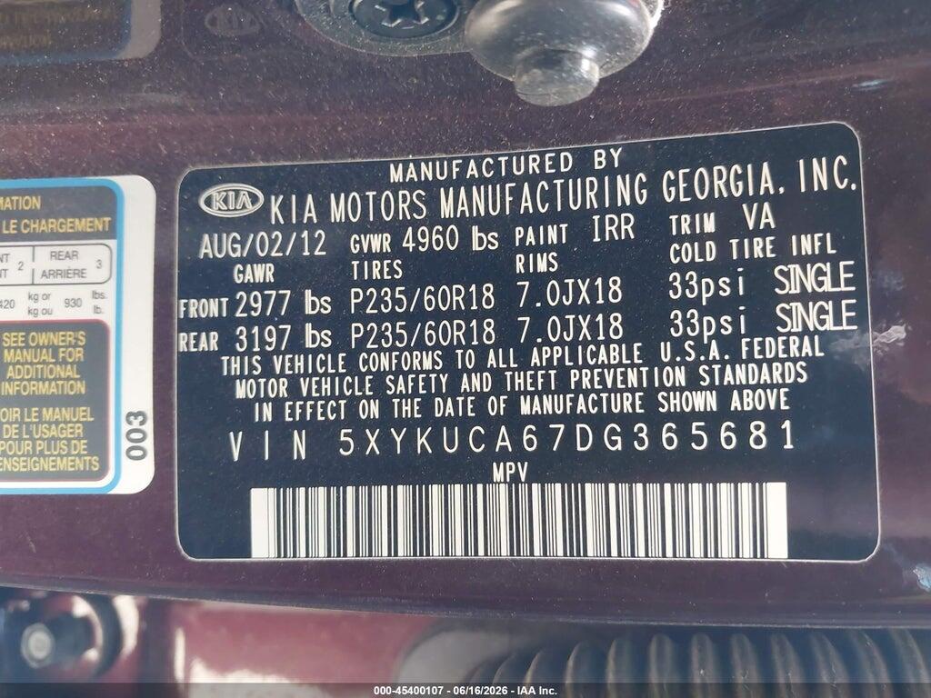 5XYKUCA67DG365681 2013 KIA SORENTO photo no. 9