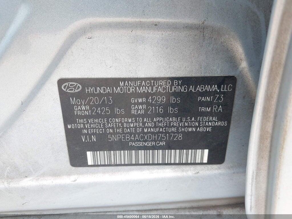 5NPEB4ACXDH751728 2013 HYUNDAI SONATA photo no. 9