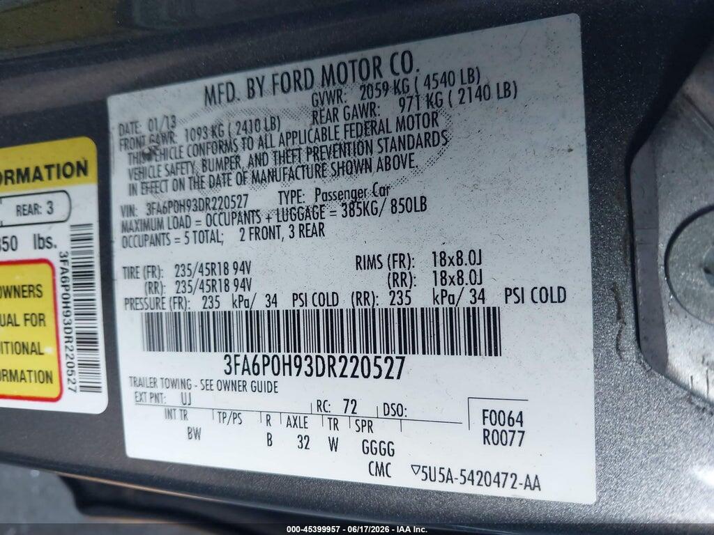 3FA6P0H93DR220527 2013 FORD FUSION photo no. 9