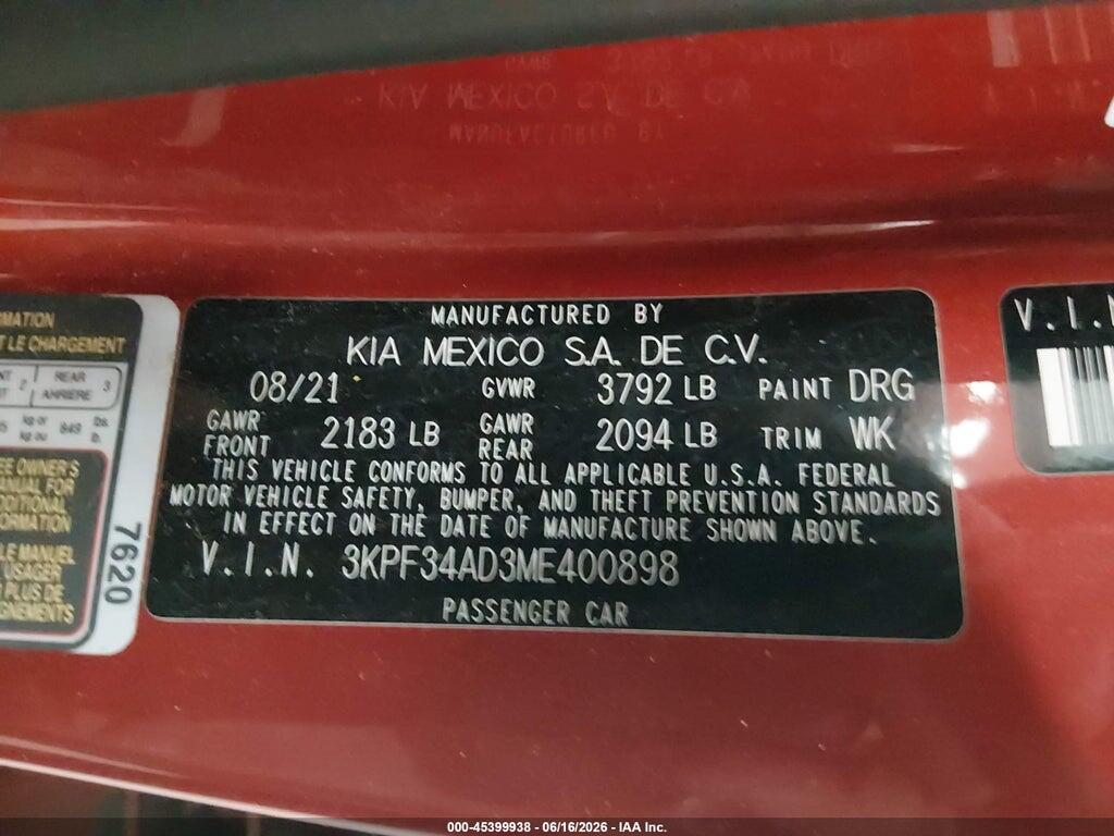 3KPF34AD3ME400898 2021 KIA FORTE photo no. 9