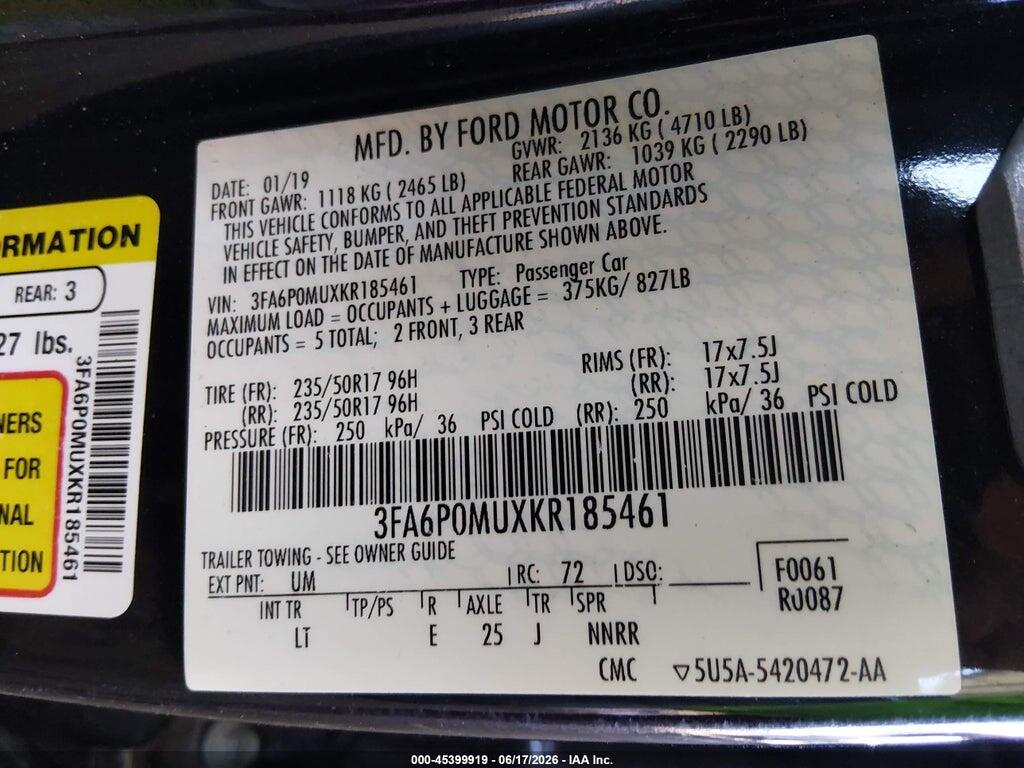 3FA6P0MUXKR185461 2019 FORD FUSION HYBRID photo no. 9
