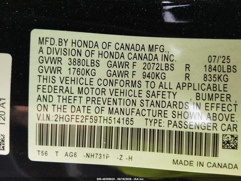 2HGFE2F59TH514165 2026 HONDA CIVIC photo no. 9