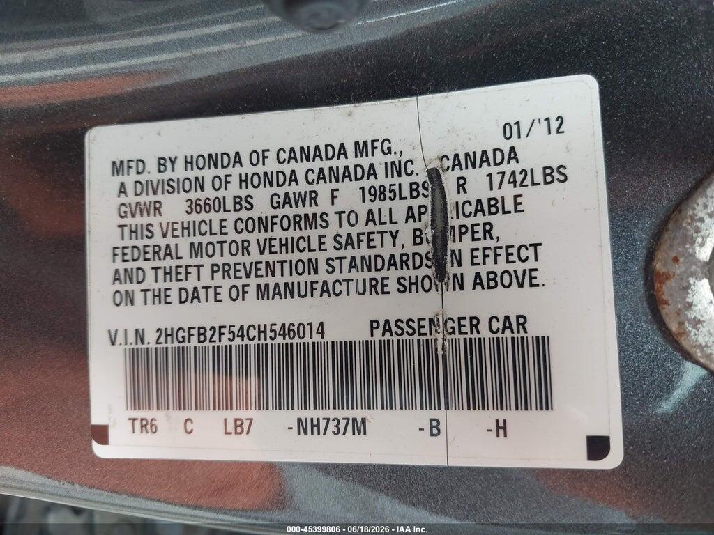 2HGFB2F54CH546014 2012 HONDA CIVIC photo no. 9