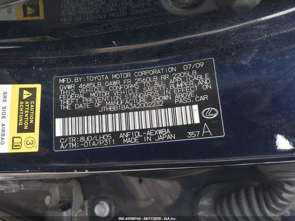 JTHBB1BA3A2002232 2010 LEXUS HS 250H photo no. 9