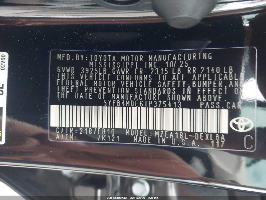 5YFB4MDE6TP375413 2026 TOYOTA COROLLA photo no. 9