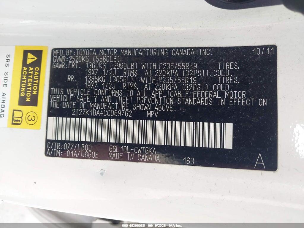 2T2ZK1BA4CC069762 2012 LEXUS RX 350 photo no. 9