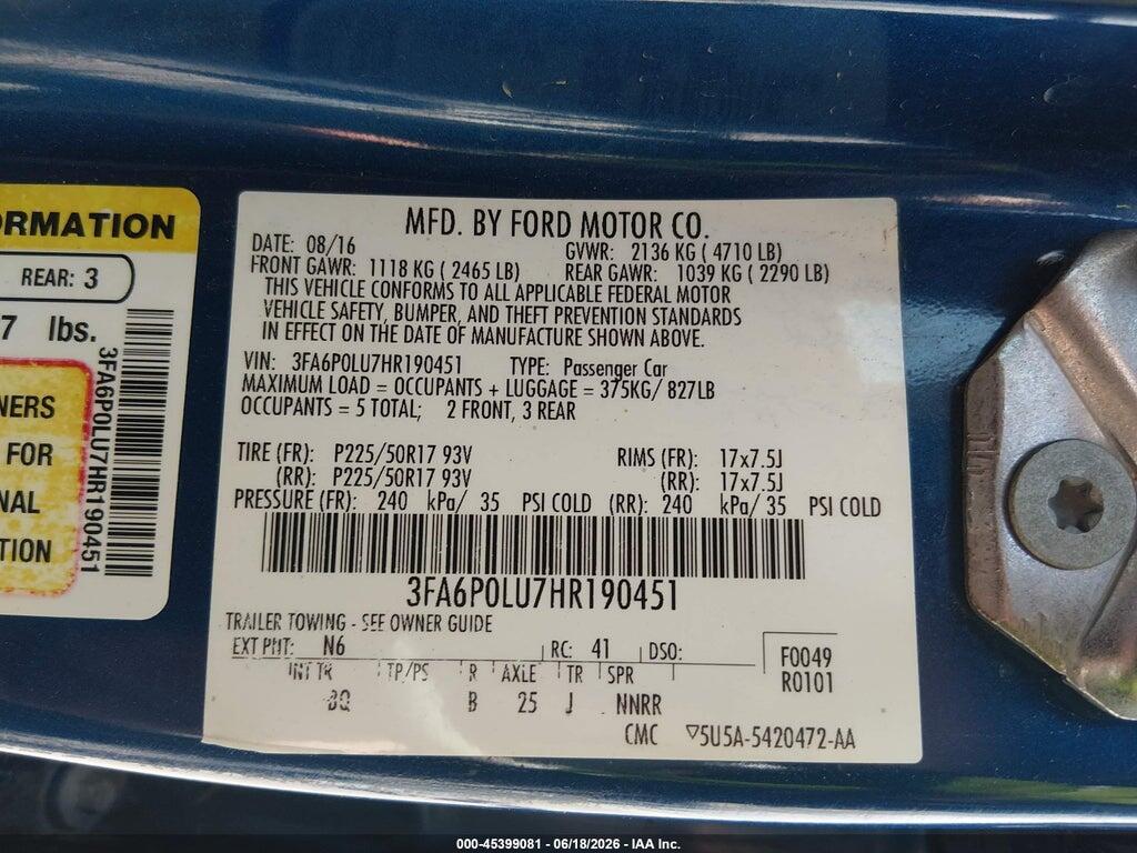 3FA6P0LU7HR190451 2017 FORD FUSION HYBRID photo no. 9
