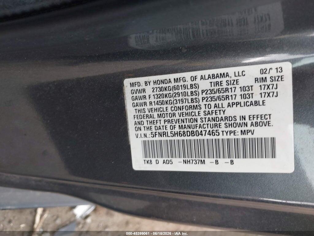 5FNRL5H68DB047465 2013 HONDA ODYSSEY photo no. 9