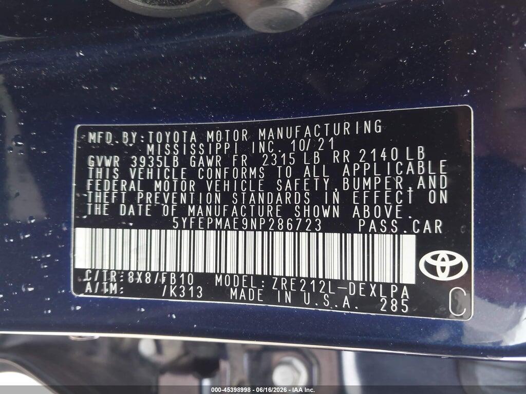 5YFEPMAE9NP286723 2022 TOYOTA COROLLA photo no. 9