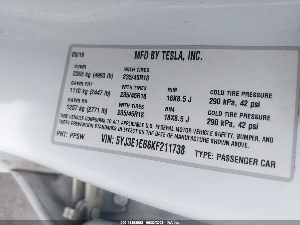 5YJ3E1EB6KF211738 2019 TESLA MODEL 3 photo no. 9