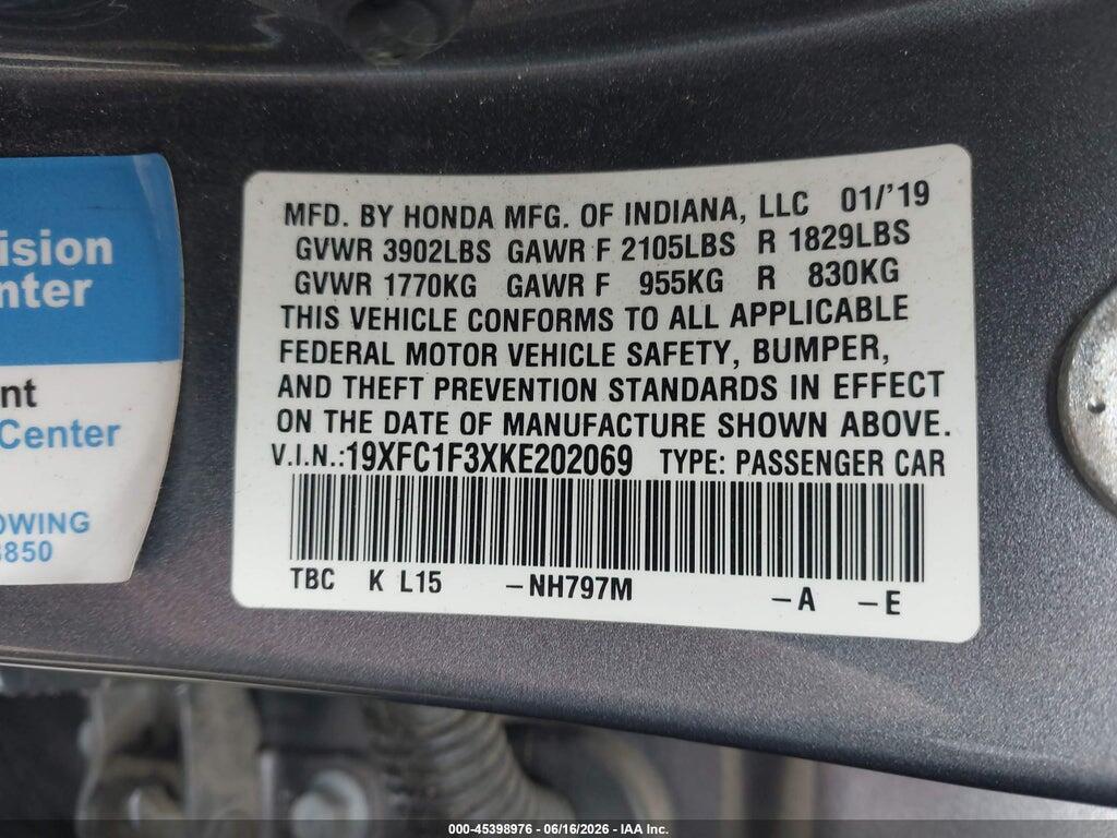 19XFC1F3XKE202069 2019 HONDA CIVIC photo no. 9