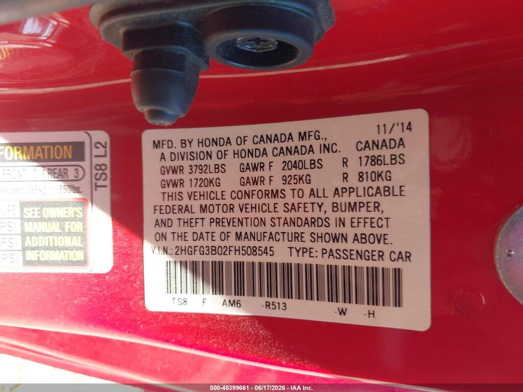 2HGFG3B02FH508545 2015 HONDA CIVIC photo no. 9