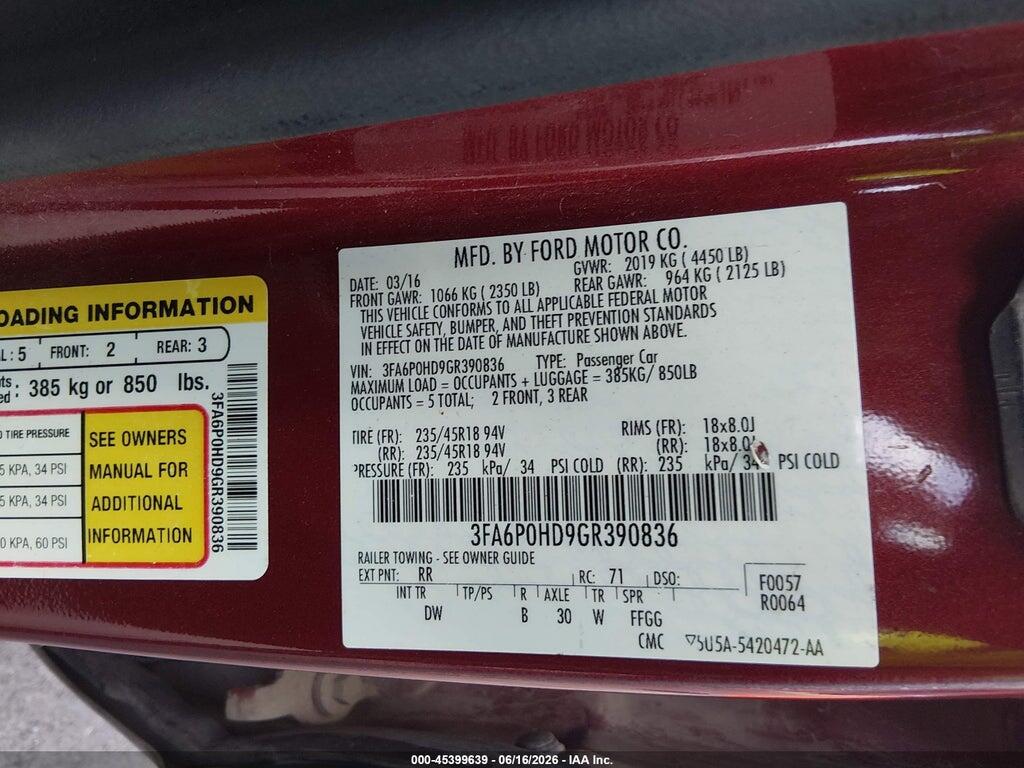 3FA6P0HD9GR390836 2016 FORD FUSION photo no. 9