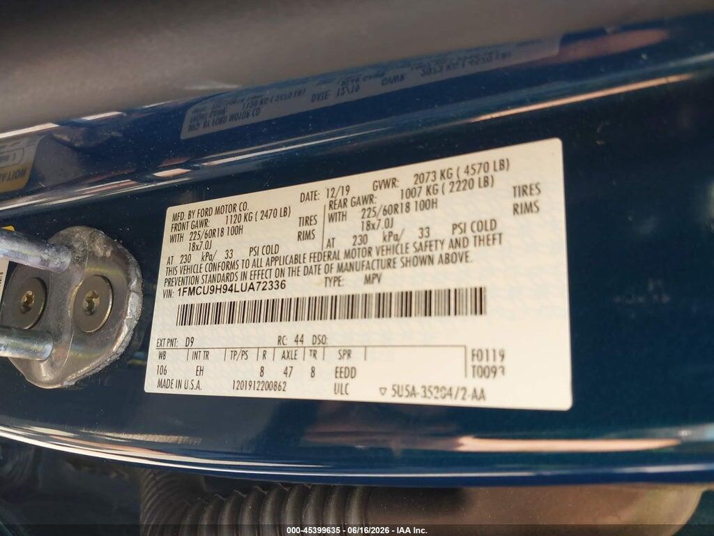 1FMCU9H94LUA72336 2020 FORD ESCAPE photo no. 9