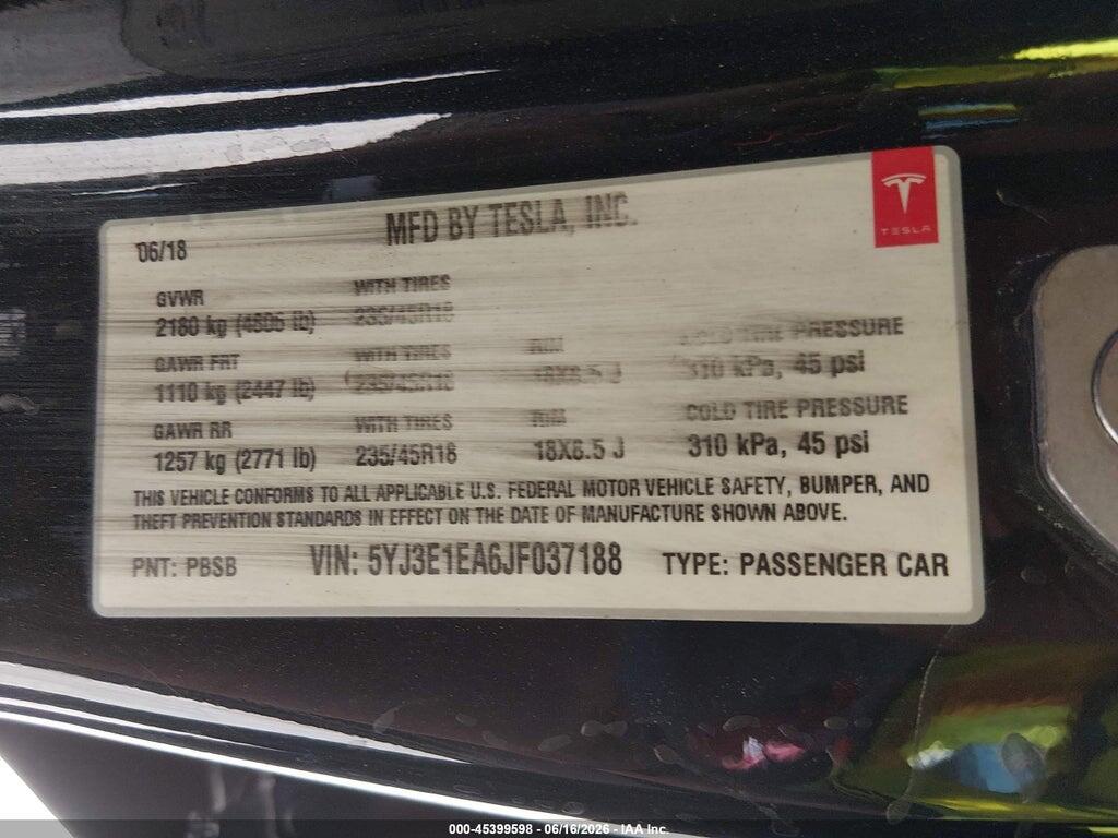 5YJ3E1EA6JF037188 2018 TESLA MODEL 3 photo no. 9