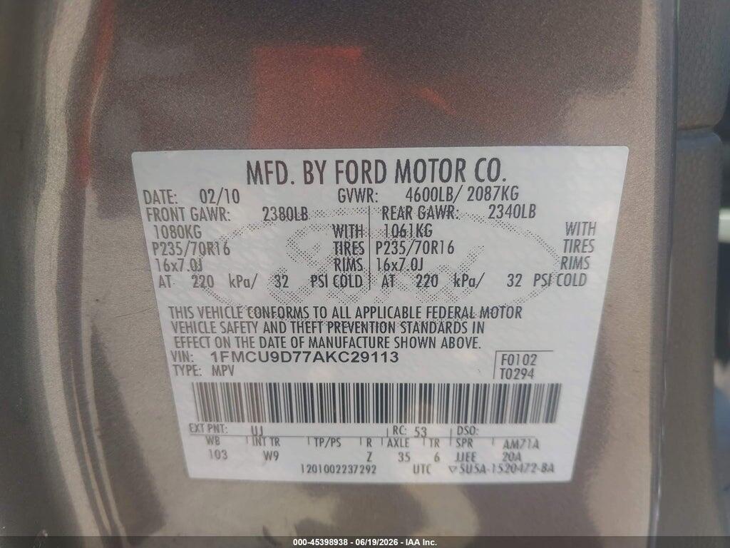 1FMCU9D77AKC29113 2010 FORD ESCAPE photo no. 9