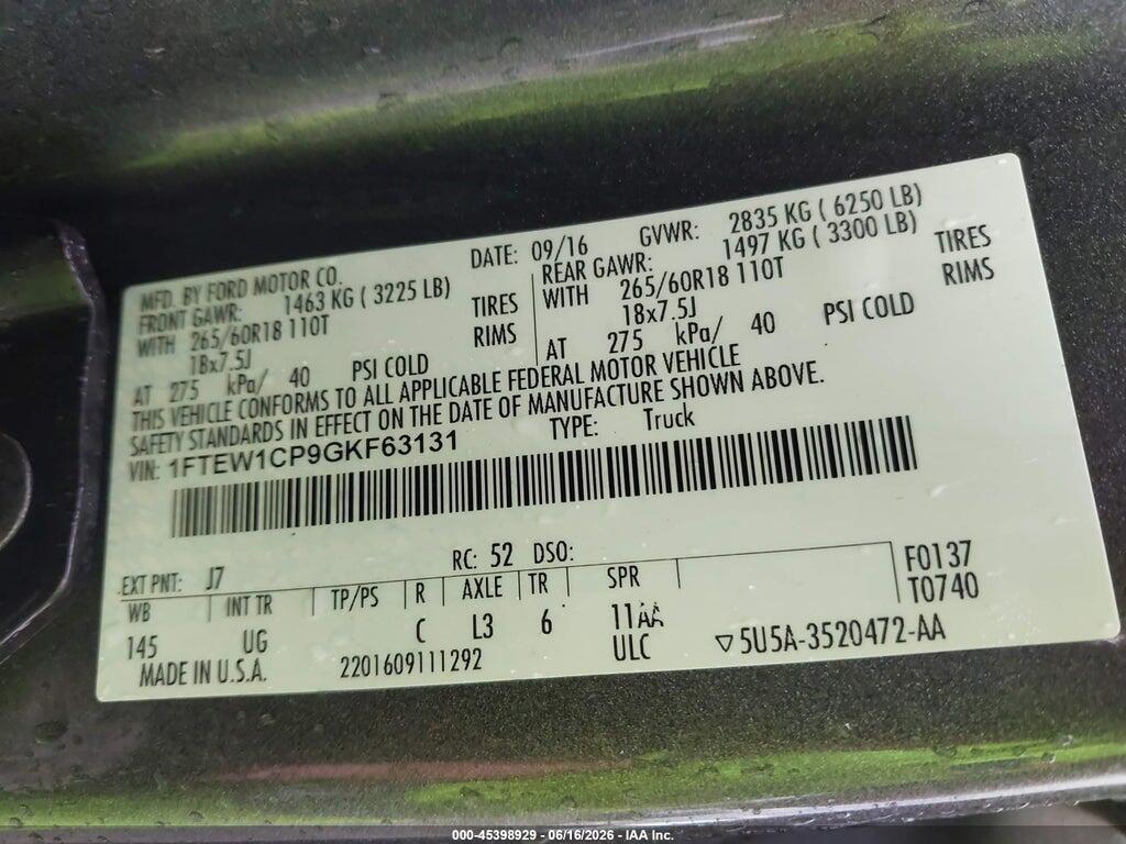 1FTEW1CP9GKF63131 2016 FORD F-150 photo no. 9