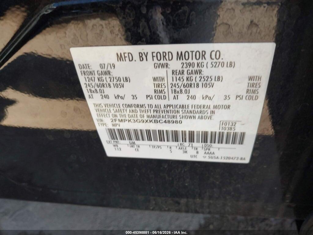 2FMPK3G9XKBC48980 2019 FORD EDGE photo no. 9