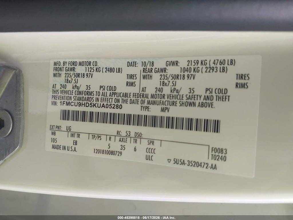 1FMCU9HD5KUA05280 2019 FORD ESCAPE photo no. 9