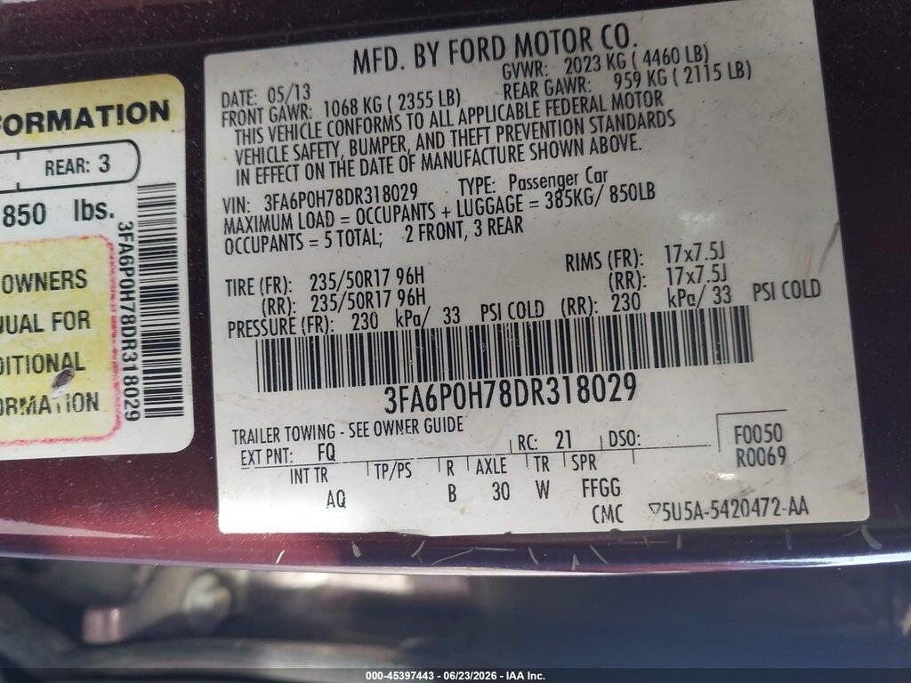 3FA6P0H78DR318029 2013 FORD FUSION photo no. 9