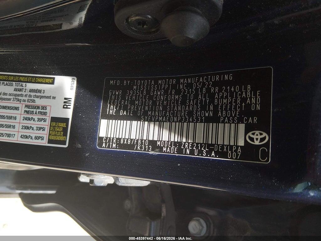5YFVPMAE0NP334531 2022 TOYOTA COROLLA photo no. 9