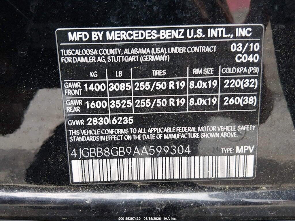 4JGBB8GB9AA599304 2010 MERCEDES-BENZ ML 350 photo no. 9