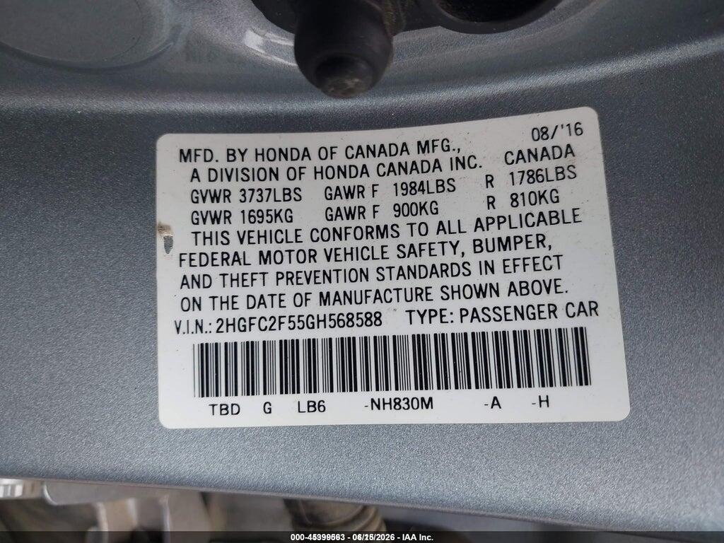 2HGFC2F55GH568588 2016 HONDA CIVIC photo no. 9
