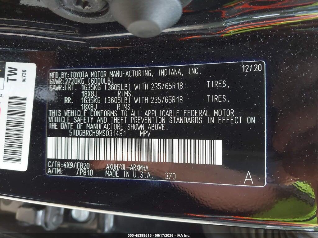 5TDGBRCH9MS031491 2021 TOYOTA HIGHLANDER photo no. 9