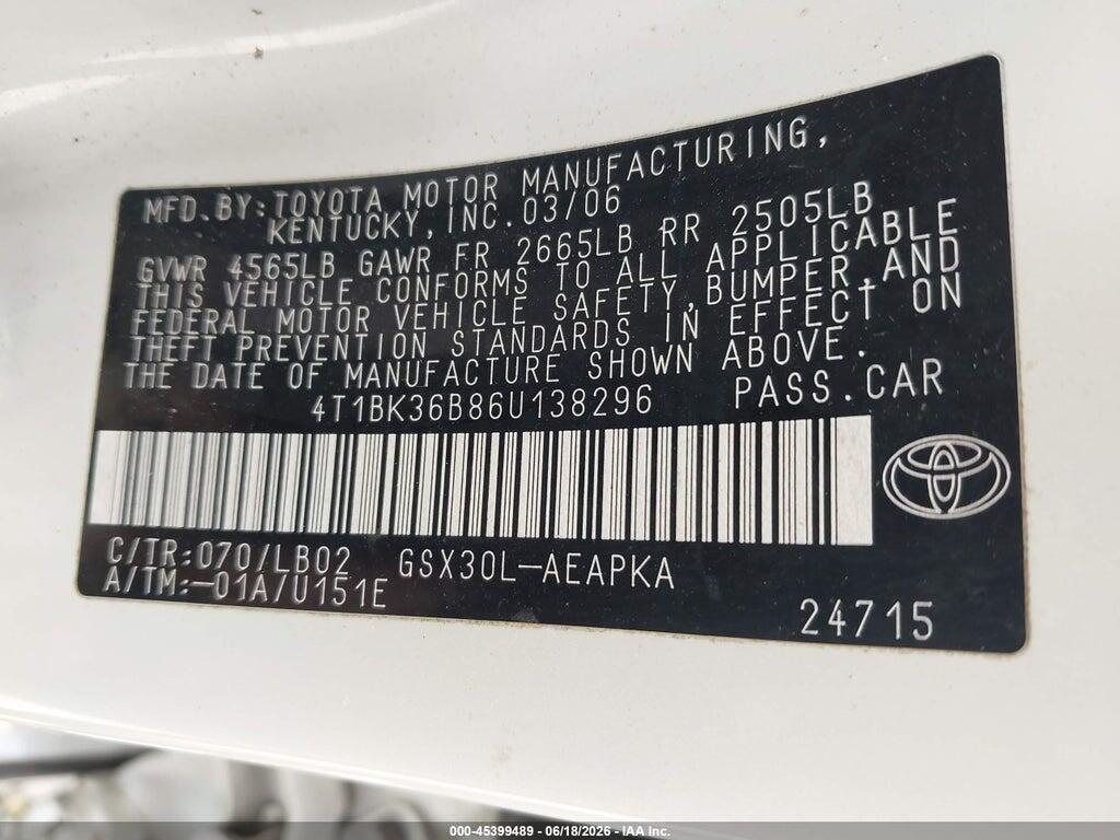 4T1BK36B86U138296 2006 TOYOTA AVALON photo no. 9