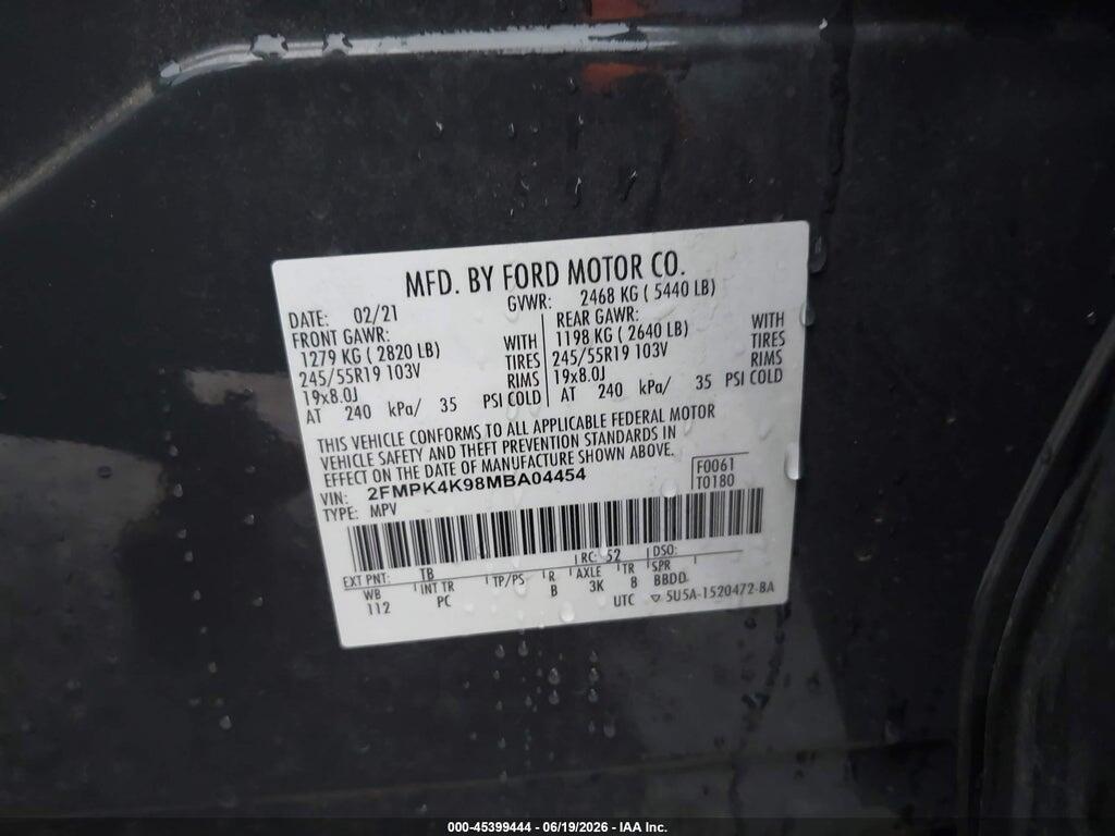 2FMPK4K98MBA04454 2021 FORD EDGE photo no. 9