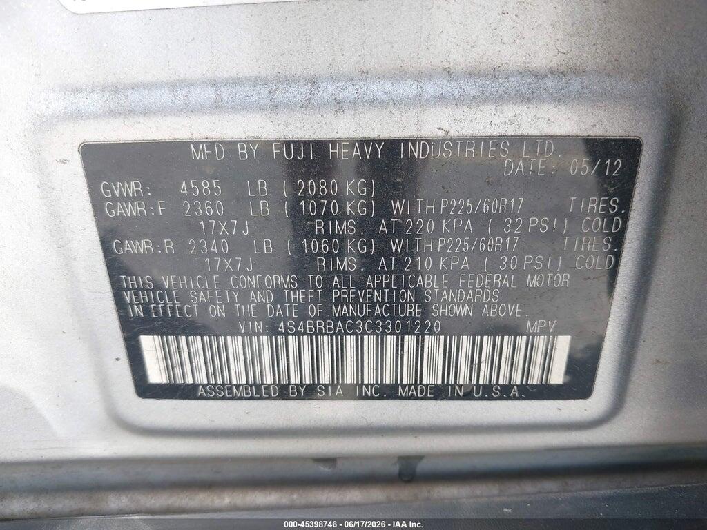 4S4BRBAC3C3301220 2012 SUBARU OUTBACK photo no. 9