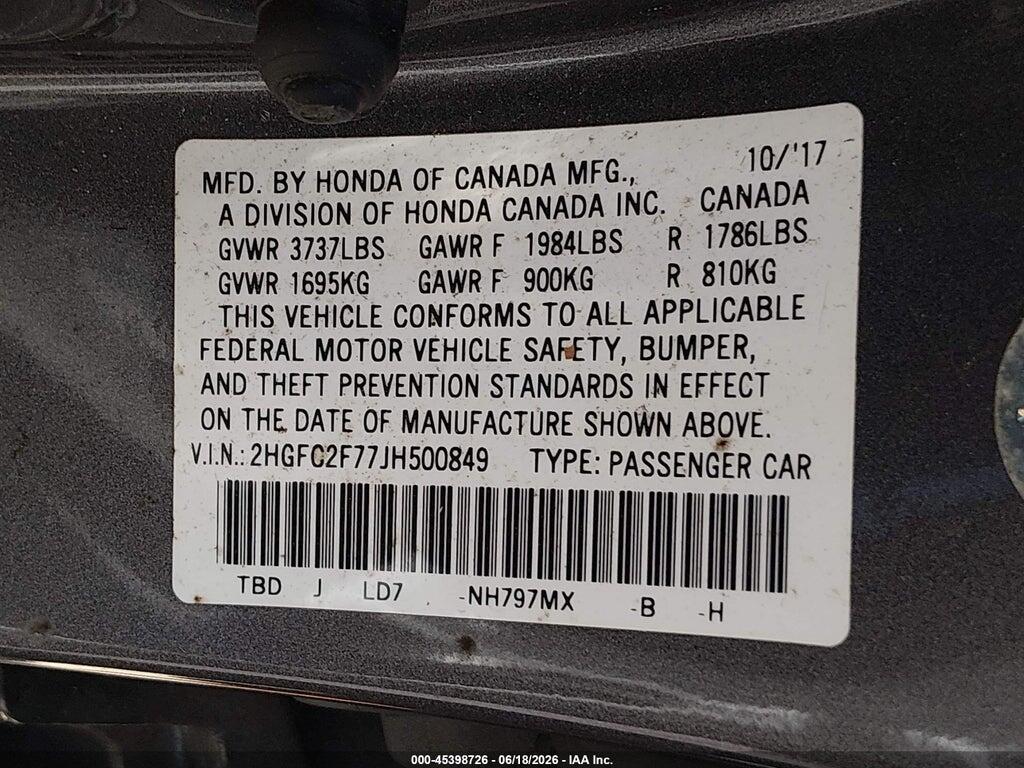 2HGFC2F77JH500849 2018 HONDA CIVIC photo no. 9