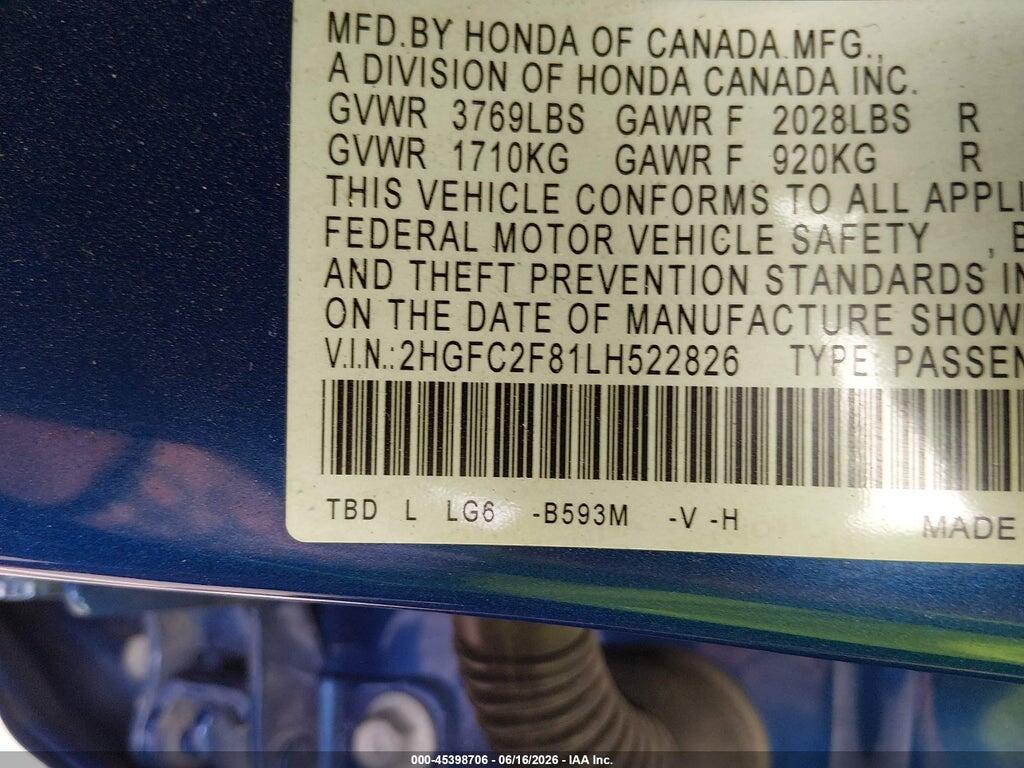 2HGFC2F81LH522826 2020 HONDA CIVIC photo no. 9
