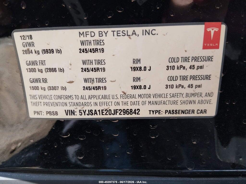 5YJSA1E20JF296842 2018 TESLA MODEL S photo no. 9