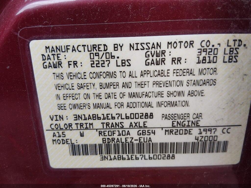 3N1AB61E67L600288 2007 NISSAN SENTRA photo no. 9