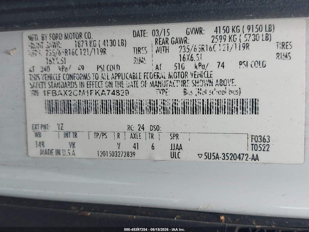 1FBAX2CM1FKA74829 2015 FORD TRANSIT-350 photo no. 9