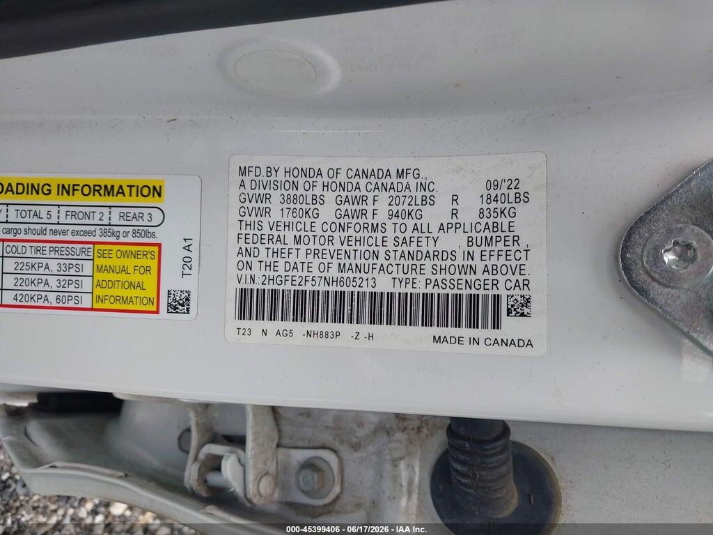 2HGFE2F57NH605213 2022 HONDA CIVIC photo no. 9