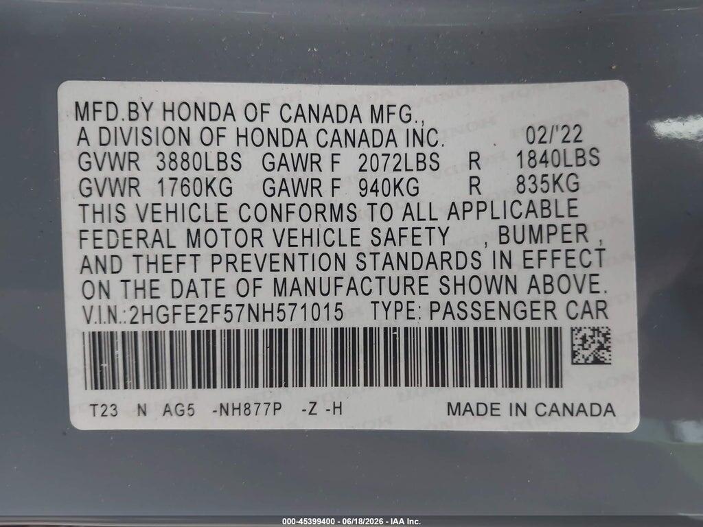 2HGFE2F57NH571015 2022 HONDA CIVIC photo no. 9