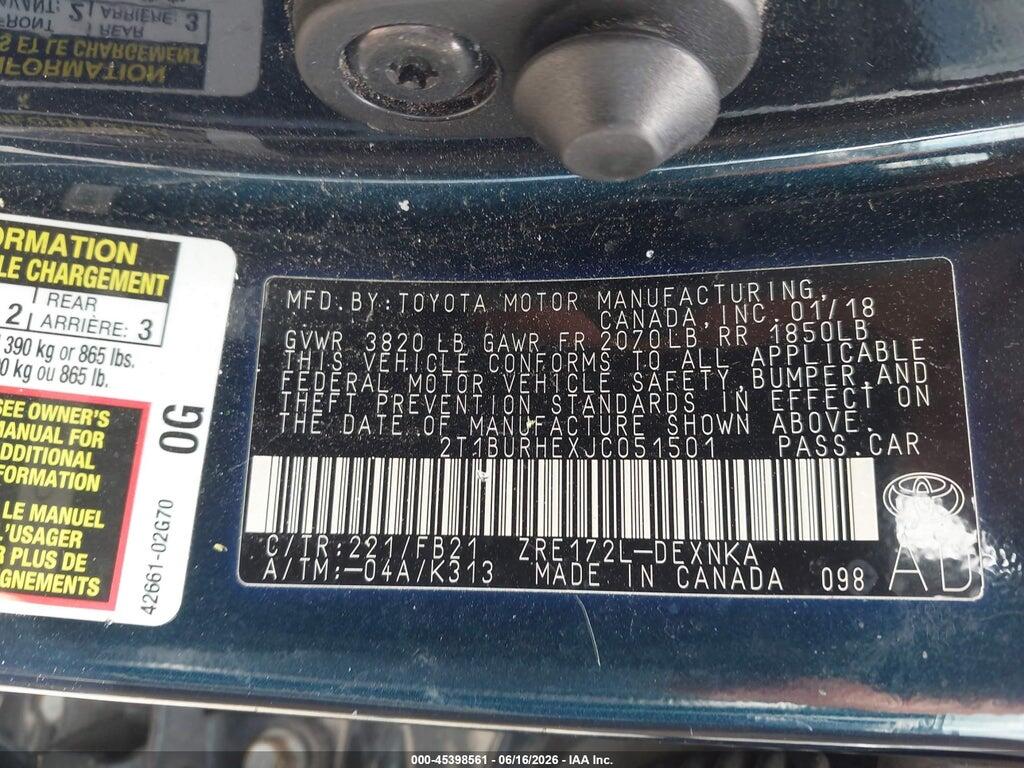 2T1BURHEXJC051501 2018 TOYOTA COROLLA photo no. 9